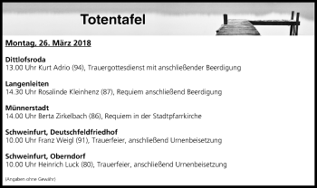 Anzeige von Totentafel vom 26.03.2018 von MGO