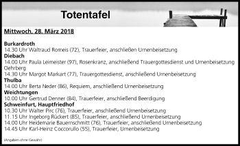 Anzeige von Totentafel vom 28.03.2018 von MGO