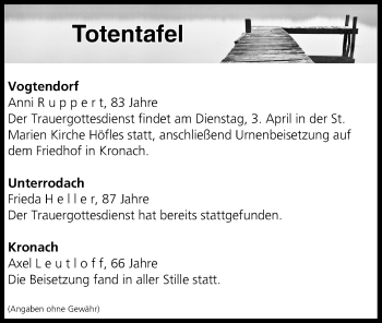Anzeige von Totentafel vom 29.03.2018 von MGO