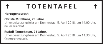 Anzeige von Totentafel vom 31.03.2018 von MGO