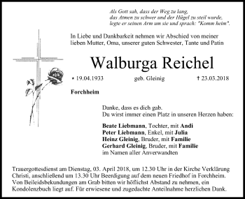 Anzeige von Walburga Reichel von MGO