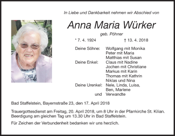 Anzeige von Anna Maria Würker von MGO