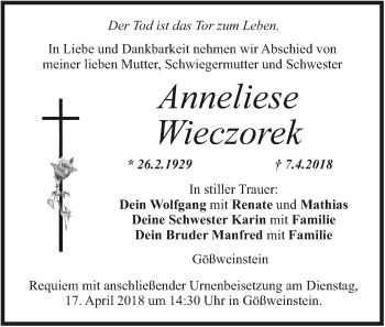 Anzeige von Anneliese Wieczorek von MGO