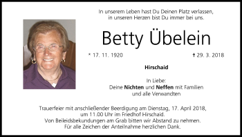 Anzeige von Betty Übelein von MGO