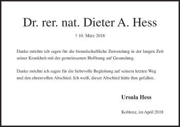 Anzeige von Dieter A. Hess von MGO