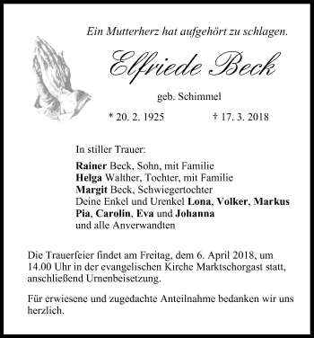 Anzeige von Elfriede Beck von MGO
