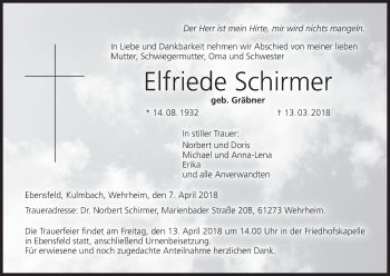 Anzeige von Elfriede Schirmer von MGO