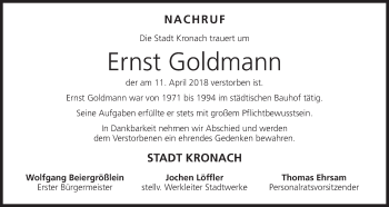 Anzeige von Ernst Goldmann von MGO