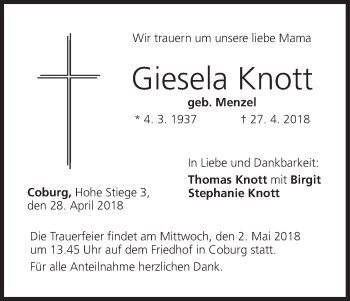 Anzeige von Giesela Knott von MGO