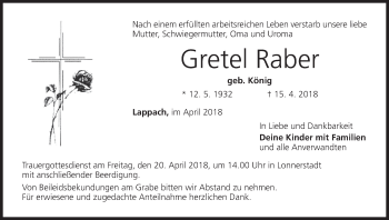 Anzeige von Gretel Raber von MGO