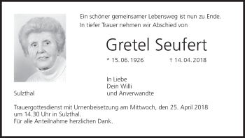 Anzeige von Gretel Seufert von MGO