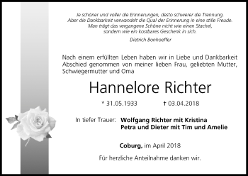 Anzeige von Hannelore Richter von MGO