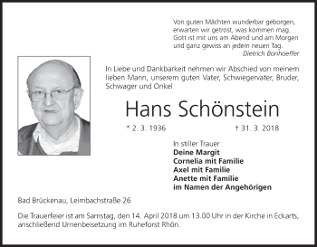 Anzeige von Hans Schönstein von MGO