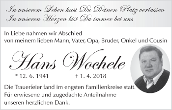Anzeige von Hans Wochele von MGO