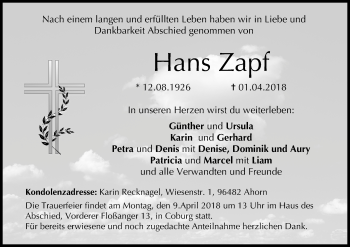 Anzeige von Hans Zapf von MGO