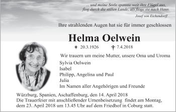 Anzeige von Helma Oelwein von MGO