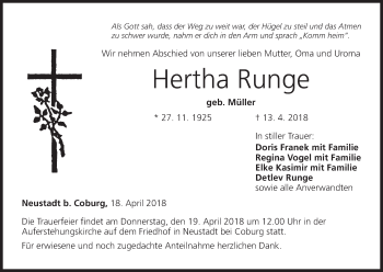 Anzeige von Hertha Runge von MGO