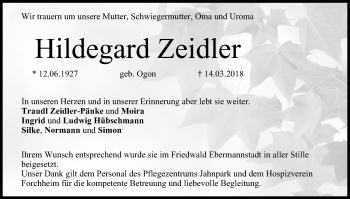 Anzeige von Hildegard Zeidler von MGO