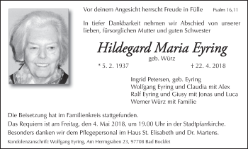 Anzeige von Hildegard Maria Eyring von MGO