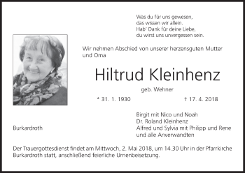 Anzeige von Hiltrud Kleinhenz von MGO