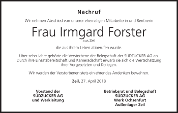 Anzeige von Irmgard Forster von MGO