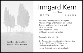 Anzeige von Irmgard Kern von MGO