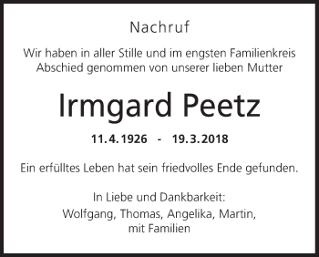 Anzeige von Irmgard Peetz von MGO
