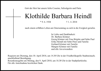 Anzeige von Klothilde Barbara Heindl von MGO