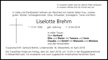 Anzeige von Liselotte Brehm von MGO