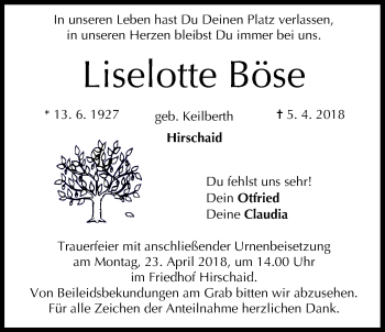 Anzeige von Liselotte Böse von MGO