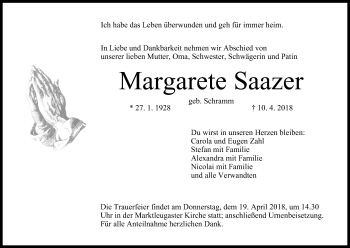 Anzeige von Margarete Saazer von MGO