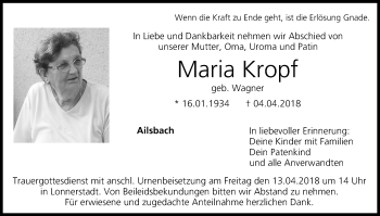 Anzeige von Maria Kropf von MGO