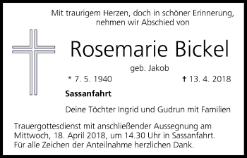 Anzeige von Rosemarie Bickel von MGO