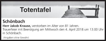Anzeige von Totentafel vom 03.04.2018 von MGO