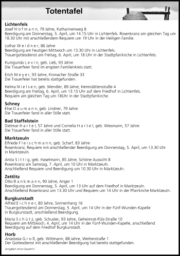 Anzeige von Totentafel vom 04.04.2018 von MGO