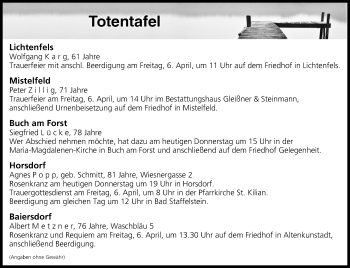 Anzeige von Totentafel vom 05.04.2018 von MGO