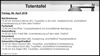 Anzeige von Totentafel vom 06.04.2018 von MGO