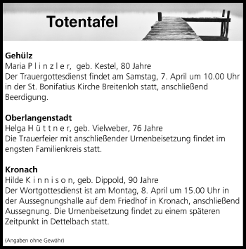 Anzeige von Totentafel vom 07.04.2018 von MGO