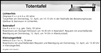 Anzeige von Totentafel vom 11.04.2018 von MGO