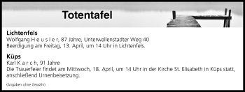 Anzeige von Totentafel vom 12.04.2018 von MGO