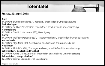 Anzeige von Totentafel vom 13.04.2018 von MGO