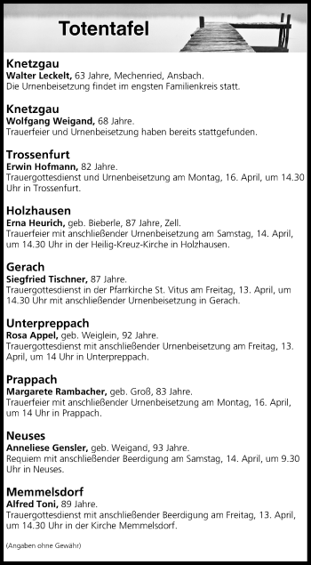 Anzeige von Totentafel vom 13.04.2018 von MGO