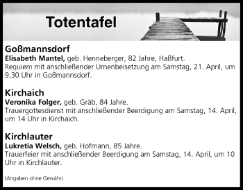 Anzeige von Totentafel vom 14.04.2018 von MGO