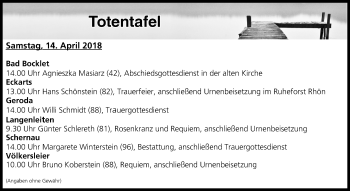 Anzeige von Totentafel vom 14.04.2018 von MGO