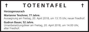 Anzeige von Totentafel vom 17.04.2018 von MGO