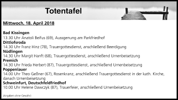 Anzeige von Totentafel vom 18.04.2018 von MGO