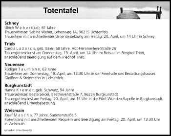 Anzeige von Totentafel vom 18.04.2018 von MGO