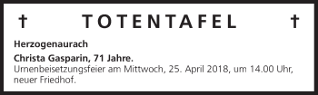Anzeige von Totentafel vom 21.04.2018 von MGO