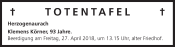 Anzeige von Totentafel vom 25.04.2018 von MGO