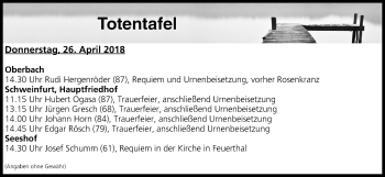 Anzeige von Totentafel vom 26.04.2018 von MGO